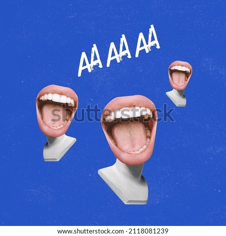 Creative design. Contemporary art collage with female mouths on antique statue bust laughing isolated over blue background. Concept of surrealism, minimalism, magazine style and ad Royalty-Free Stock Photo #2118081239