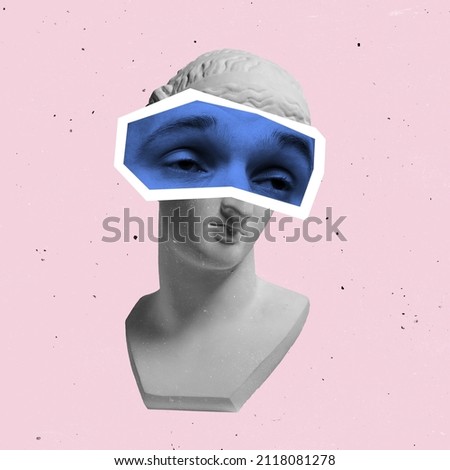 Contemporary art collage. Antique statue bust with human eyes in a surreal style isolated over pink background. Concept of moder art, beauty, minimalism, magazine style. Copy space for ad.