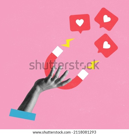 Conemporary art collage with female hand holding magnet and magnetizing likes symbol isolated over pink background. Concept of social media, influence, popularity, modern lifestyle and ad Royalty-Free Stock Photo #2118081293