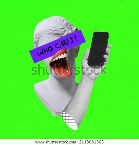 Contemporary art collage with antique statue bust in a surreal style with female mouth and phone isolated on neon green background. Concept of moder art, minimalism, magazine style. Copy space for ad. Royalty-Free Stock Photo #2118081365