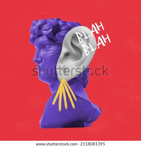 Contemporary art collage. Creative design of antique statue bust gian ear in a surreal style isolated over red background. Gossips. Concept of moder art, beauty, minimalism, magazine style and ad Royalty-Free Stock Photo #2118081395