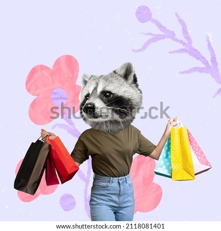 Contemporary art collage. Female with raccoon head holding many shopping bags isolated over purple background. Concept of creativity, surrealism, magazine style, shopping. Copy space for ad Royalty-Free Stock Photo #2118081401
