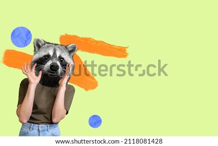Contemporary art collage. Woman with raccoon head showing irritation. Creative desing. Concept of creativity, surrealism, magazine style, imagination. Copy space for ad