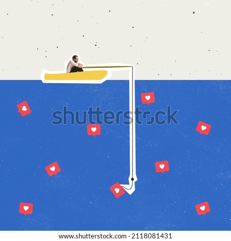 Searching popluarity. Contemporary art collage. Man in a boat fishing social media likes. Creative design. Concept of social media, influence, popularity, modern lifestyle and ad