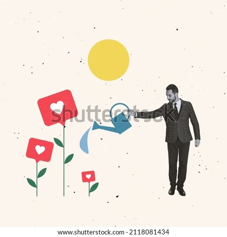 Contemporary art collage. Businessman watering flowers with social medial like symbol. Internet promotion of organization. Concept of social media, influence, popularity, modern lifestyle and ad Royalty-Free Stock Photo #2118081434