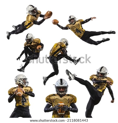 Collage. Portrait of professional american footbal player training isolated over white background. Concept of active life, team game, energy, sport, competition. Copy space for ad