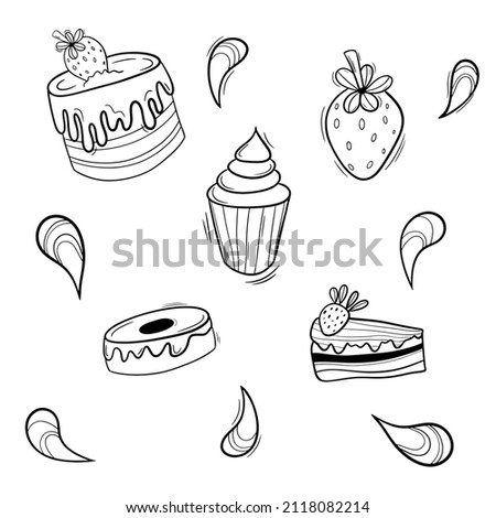 Bakery black doodle outline set with pastry. Cakes, donuts, buns and strawberry.
