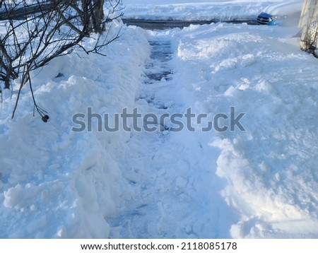 A small shoveled path along a walkway through the snow.