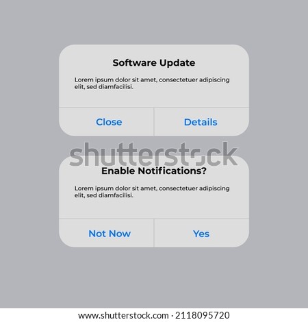 Iphone Notification Boxes Template. Smartphone Software Update and Enable Notifications Interface. Vector illustration. Android. Smartphone. UI. UX