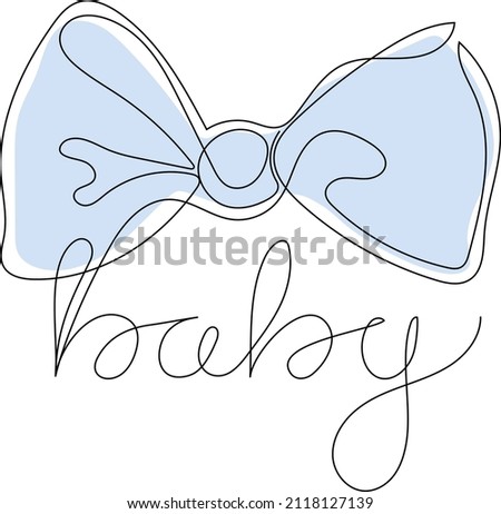 Baby word with blue ribbon bow. Continuous one line drawing. Minimalistic vector illustration. Newborn baby concept.