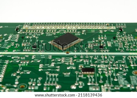 Printed circuit board. Electronic computer hardware technology. Motherboard digital chip. Technical science. Information engineering component. Royalty-Free Stock Photo #2118139436