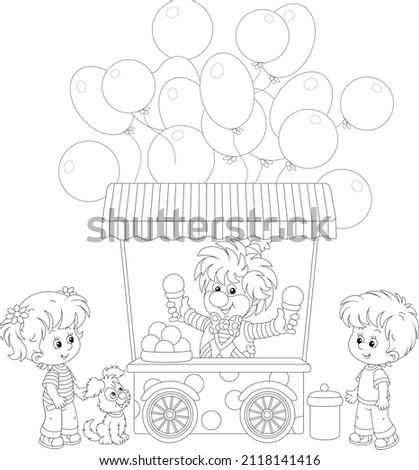 Happy little kids with a cute small pup and a street ice-cream cart with a funny clown vendor and festive balloons, black and white outline vector cartoon illustration for a coloring book