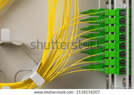 Optical distribution panel with optic patch cord cables single mode type sc , gigabit passive optical networks  Royalty-Free Stock Photo #2118158207