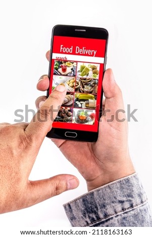 customer choosing food in food delivery smartphone app, online shopping, fast delivery