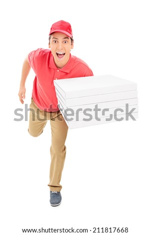 Fast pizza delivery guy running isolated on white background