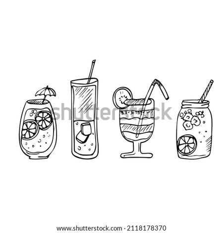 Vector doodle set of cocktails and alcohol drinks. line tropical cocktails and summer juice
