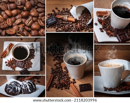 Collage of coffee pictures with white coffee cup with saucer.The pictures show cinnamon, coffee beans, star anise, chocolate brownies and dark chocolate chunks.