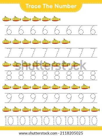 Trace the number. Tracing number with Submarine. Educational children game, printable worksheet, vector illustration