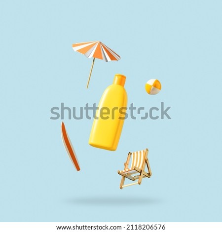 Orange bottle for cosmetics products and beach accessories flying in antigravity on pastel blue background. Levitation. Skincare creative concept. Mockup Royalty-Free Stock Photo #2118206576