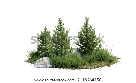 Cutout trees. Garden design isolated on white background. Decorative shrub for landscaping. Clipping mask available for composition. 3d rendering
