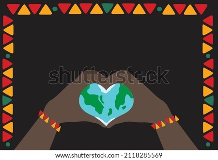 Hands with a Heart shaped Globe  with Tribal Motif Frame. Editable Clip Art.