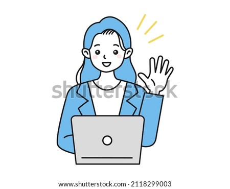 Clip art of a person greeting someone with a laptop
