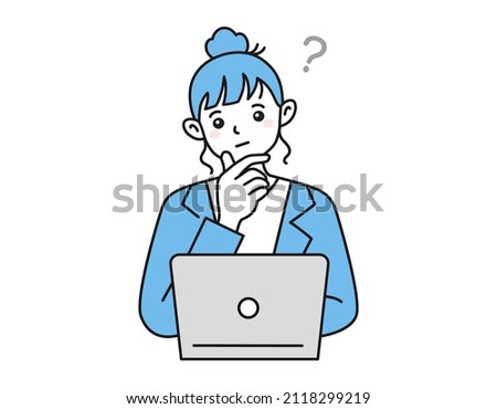 Clip art of a person thinking in front of a laptop