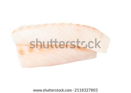 Cod fish raw loins. Pieces isolated on white background. Boneless white meat fish.