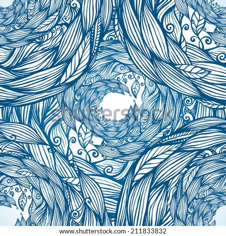 Blue doodle circle waves vector seamless pattern