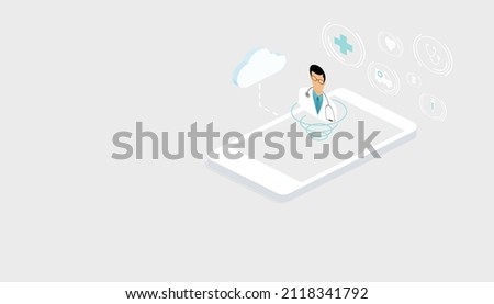 Medical service online on smart phone application concept. Digital health care. Vector illustration isometric design. Royalty-Free Stock Photo #2118341792