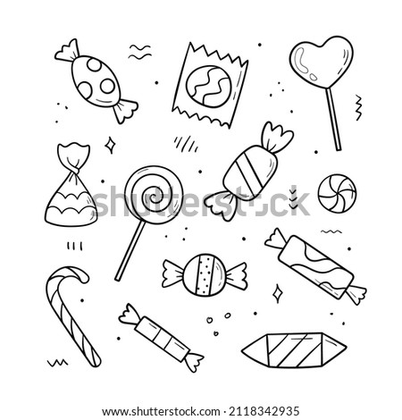 Hand drawn candy collection. Doodle sketch style. Set of various elements doodles. Vector illustration isolated on white background. Royalty-Free Stock Photo #2118342935