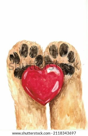 Dog paw holding red heart watercolor illustration 