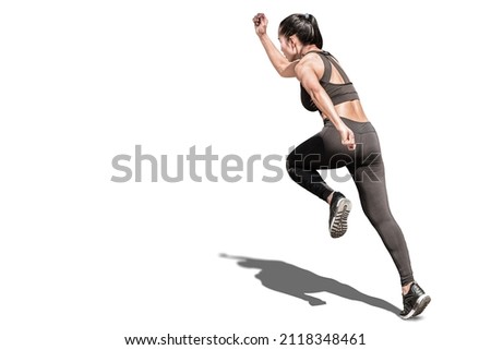 Sport female athlete running with high power muscle strength isolated on white background