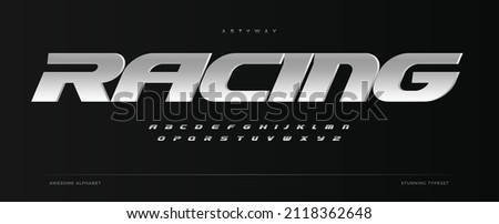 Racing alphabet. Speed sport font, automotive type for modern dynamic logo, headline, auto car branding and merchandise, typography and packaging. Wide bold italic letters, vector typographic design Royalty-Free Stock Photo #2118362648