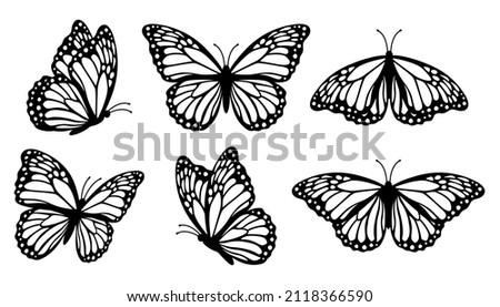 Monarch butterfly silhouettes collection, vector illustration isolated on white background