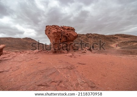 wide view of Timna natural park in Negev red desert rocks. Eilat, Israel Royalty-Free Stock Photo #2118370958