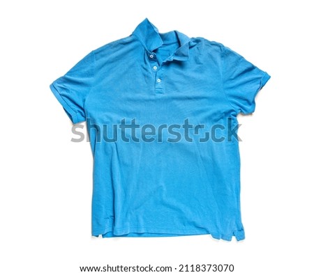 Rumpled blue shirt isolated on white background. Royalty-Free Stock Photo #2118373070