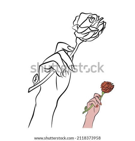 Linear illustration female hand holding a rose flower . Coloring book for children.