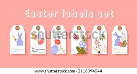 Easter greeting gift labels and tags set with cute bunny, eggs and flowers. Spring holiday template for seasonal wrapping, stickers. Color bright flat vector illustration