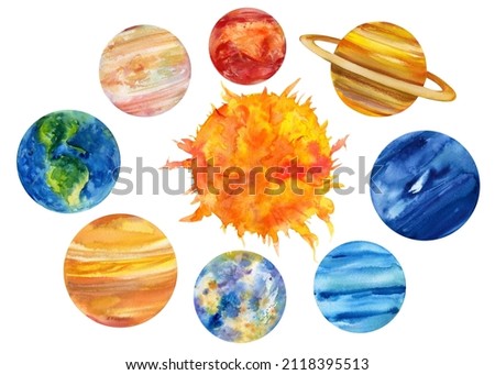 Solar system, watercolor planets, isolated white background, hand drawing space illustration