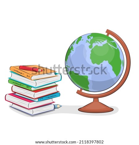 Books and globe. Vector illustration isolated on white background.
