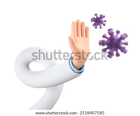 Funny cartoon doctor flexible hand with virus, clip art isolated on white background. Medical metaphor, revealing the concept of protection from viruses and colds. 3d render
