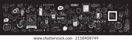 Big vector set of vegetarian health food fruits and vegetables, drinks and smoothie, blackboard or chalk board design, decoration items of cafe, fastfood menu. Hand drawing words. White outlines. Royalty-Free Stock Photo #2118408749