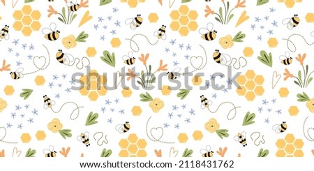 Bee honey pattern Bee seamless pattern Cute hand drawn summer meadow flowers, bee honeycombe background Hand drawn honey templates. Kids fabric design. Summer illustration. Floral sweet bees print. Royalty-Free Stock Photo #2118431762