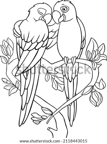 Coloring page. Two cute parrots blue macaw sits on the tree branch and smiles. They are in love.