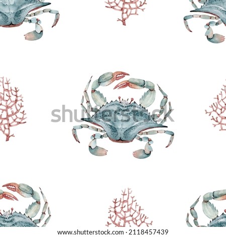 Sea crabs and corals seamless pattern, watercolor illustration on white background.	
