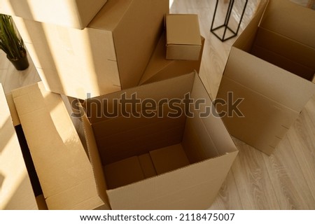 Several empty cardboard boxes top view closeup