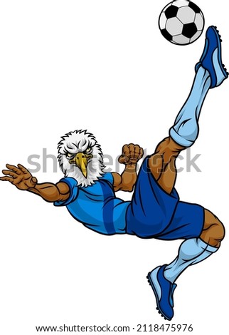 An eagle soccer football player cartoon animal sports mascot kicking the ball