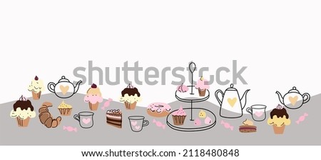 Afternoon tea set with cakes, doodle sketch hand drawn vector design. Royalty-Free Stock Photo #2118480848