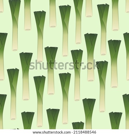 Seamless background. Leek isolated on green background. Botanical illustration. Realistic drawing of vegetables.  Royalty-Free Stock Photo #2118488546
